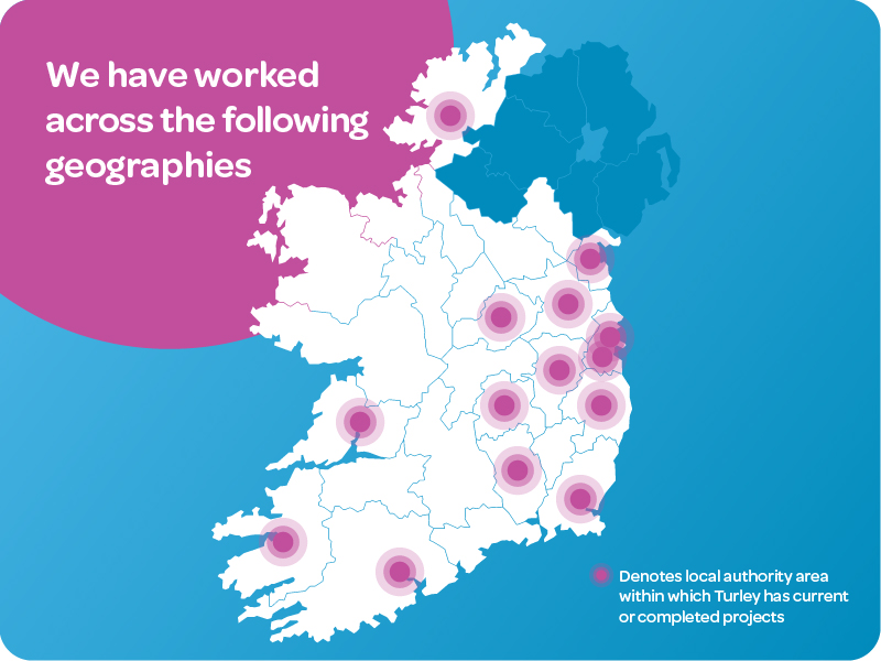 A map showing the geographies we have worked across. Including Dublin County Council, South Dublin County Council, Meath County Council, Kildare County Council, Wicklow County Council, Cork City Council, Donegal County Council, Kilkenny County Council , Kerry County Council, Laois County Council , Louth County Council, Meath County Council, Westmeath County Council, Wexford County Council 